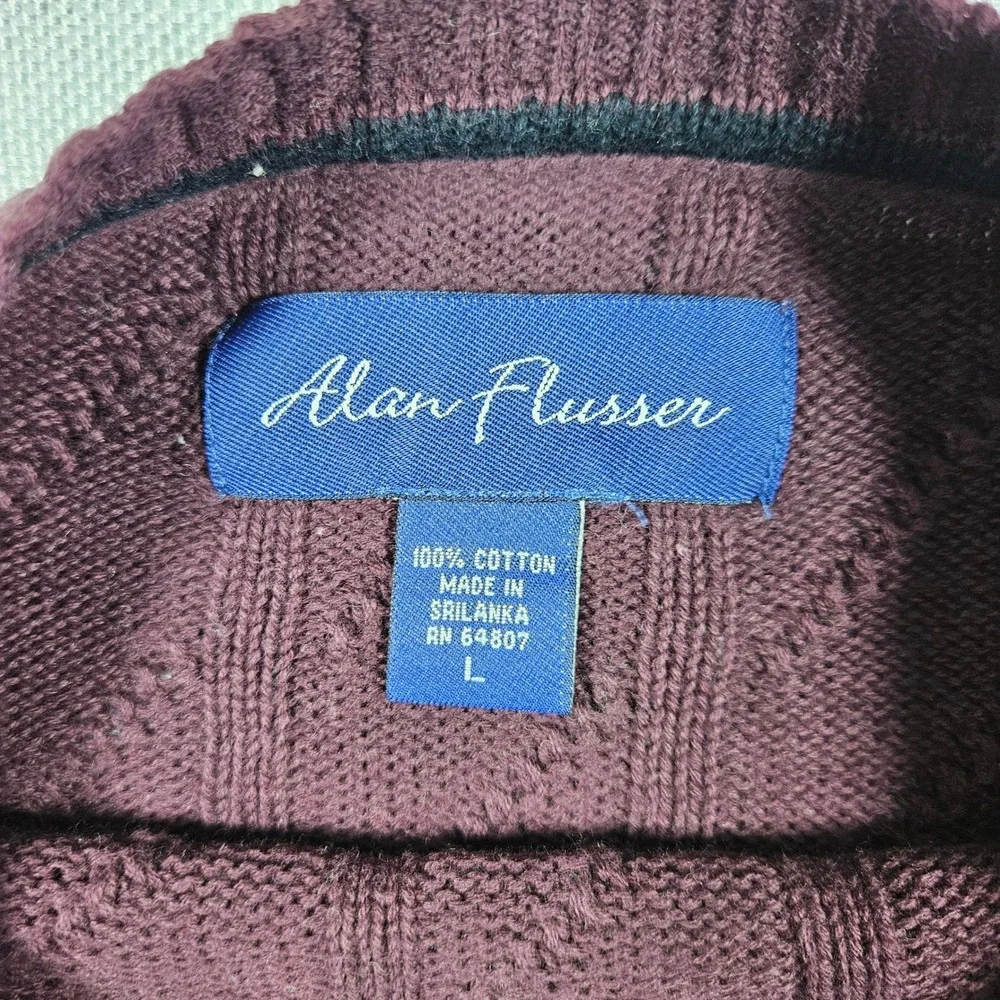 Alan‎ Flusser Burgundy Cable Knit Crewneck Sweater Mens Size L 100 Cotton